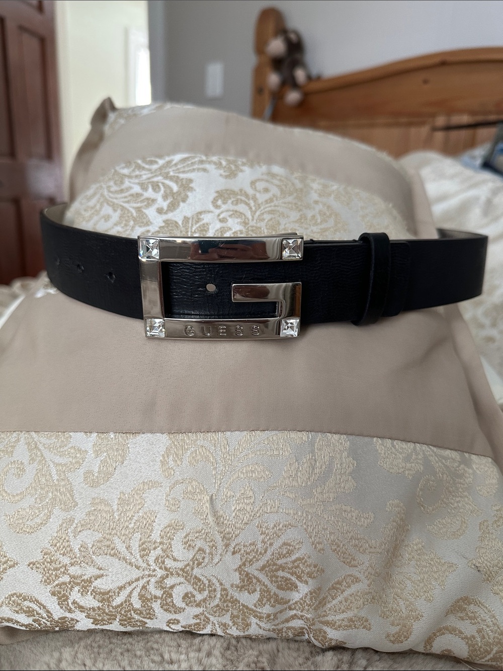 GUESS Black Synthetic Leather Belt with Silver G Logo Buckle - Size M